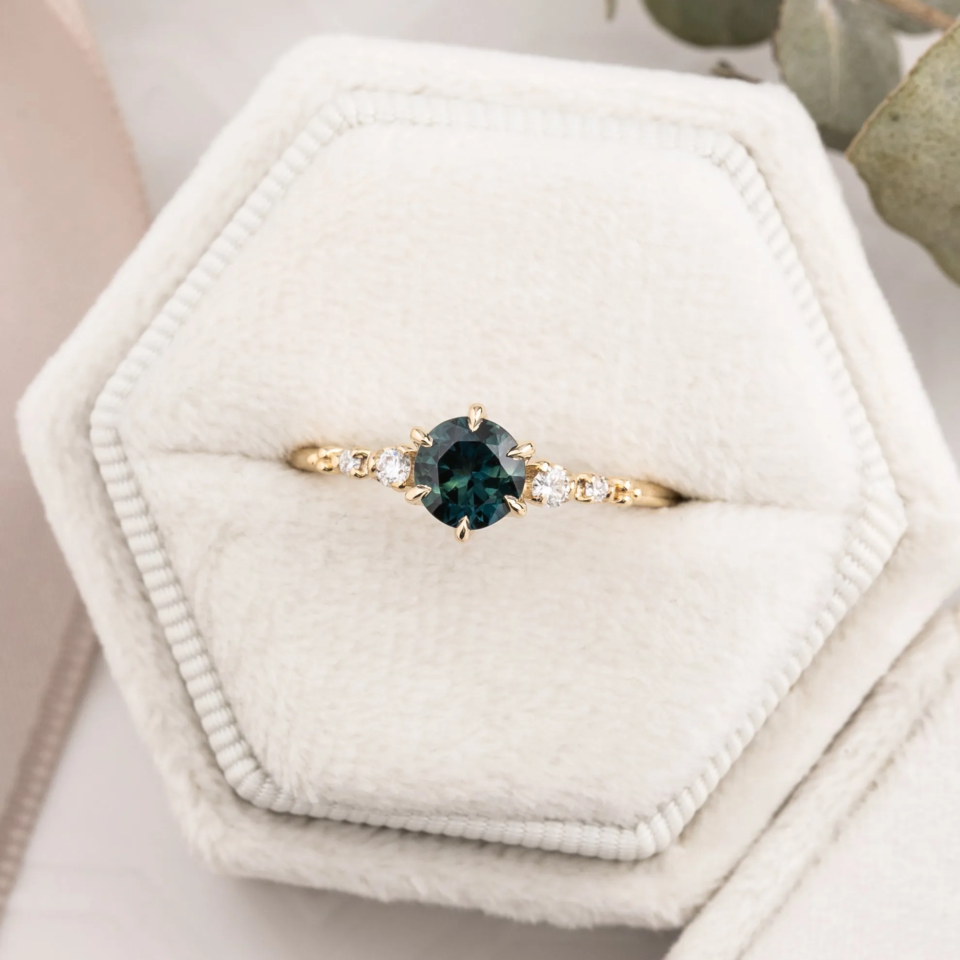 Estel Fleur Six Prongs Ring 0.76ct Green Australia Sapphire, 14k Yellow Gold (One of a kind)