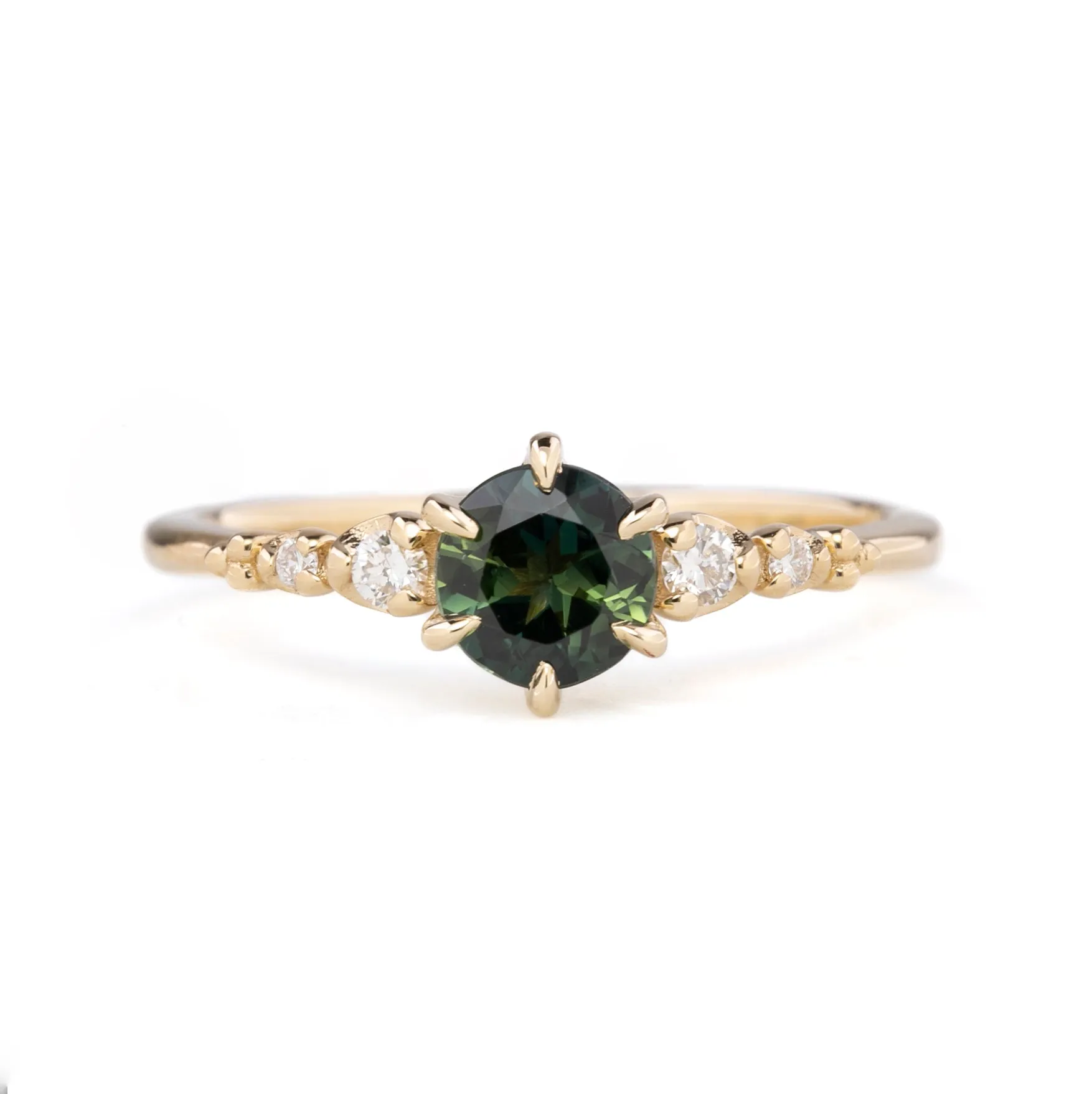 Estel Fleur Six Prongs Ring 0.76ct Green Australia Sapphire, 14k Yellow Gold (One of a kind)