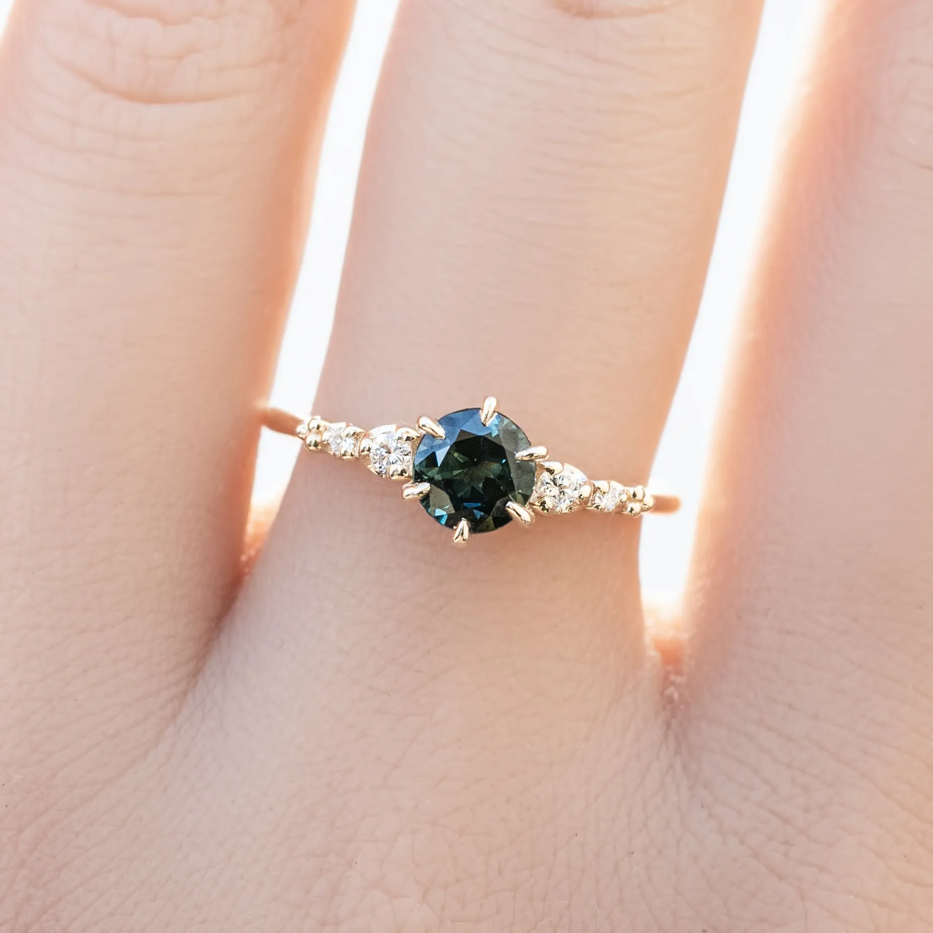 Estel Fleur Six Prongs Ring 0.76ct Green Australia Sapphire, 14k Yellow Gold (One of a kind)