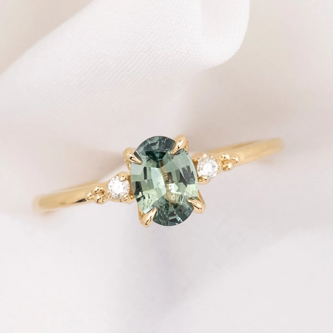 Estel Ring 0.72ct Green Madagascar Sapphire, 14k Yellow Gold (One of a kind)