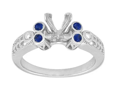 Eternal Stars Sapphire Side Stones Engraved Fleur De Lis Engagement Ring Mounting for a 3/4 Carat Princess Cut Diamond  in 14 Karat White Gold