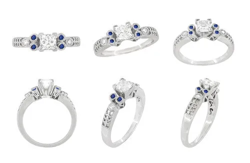 Eternal Stars Sapphire Side Stones Engraved Fleur De Lis Engagement Ring Mounting for a 3/4 Carat Princess Cut Diamond  in 14 Karat White Gold