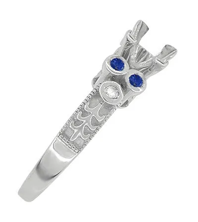 Eternal Stars Sapphire Side Stones Engraved Fleur De Lis Engagement Ring Mounting for a 3/4 Carat Princess Cut Diamond  in 14 Karat White Gold