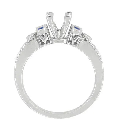 Eternal Stars Sapphire Side Stones Engraved Fleur De Lis Engagement Ring Mounting for a 3/4 Carat Princess Cut Diamond  in 14 Karat White Gold