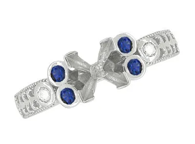 Eternal Stars Sapphire Side Stones Engraved Fleur De Lis Engagement Ring Mounting for a 3/4 Carat Princess Cut Diamond  in 14 Karat White Gold