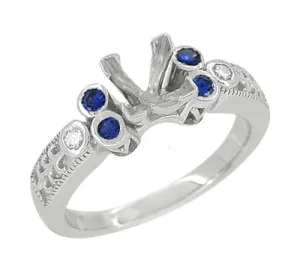 Eternal Stars Sapphire Side Stones Engraved Fleur De Lis Engagement Ring Mounting for a 3/4 Carat Princess Cut Diamond  in 14 Karat White Gold