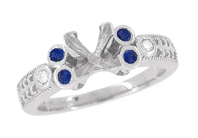 Eternal Stars Sapphire Side Stones Engraved Fleur De Lis Engagement Ring Mounting for a 3/4 Carat Princess Cut Diamond  in 14 Karat White Gold