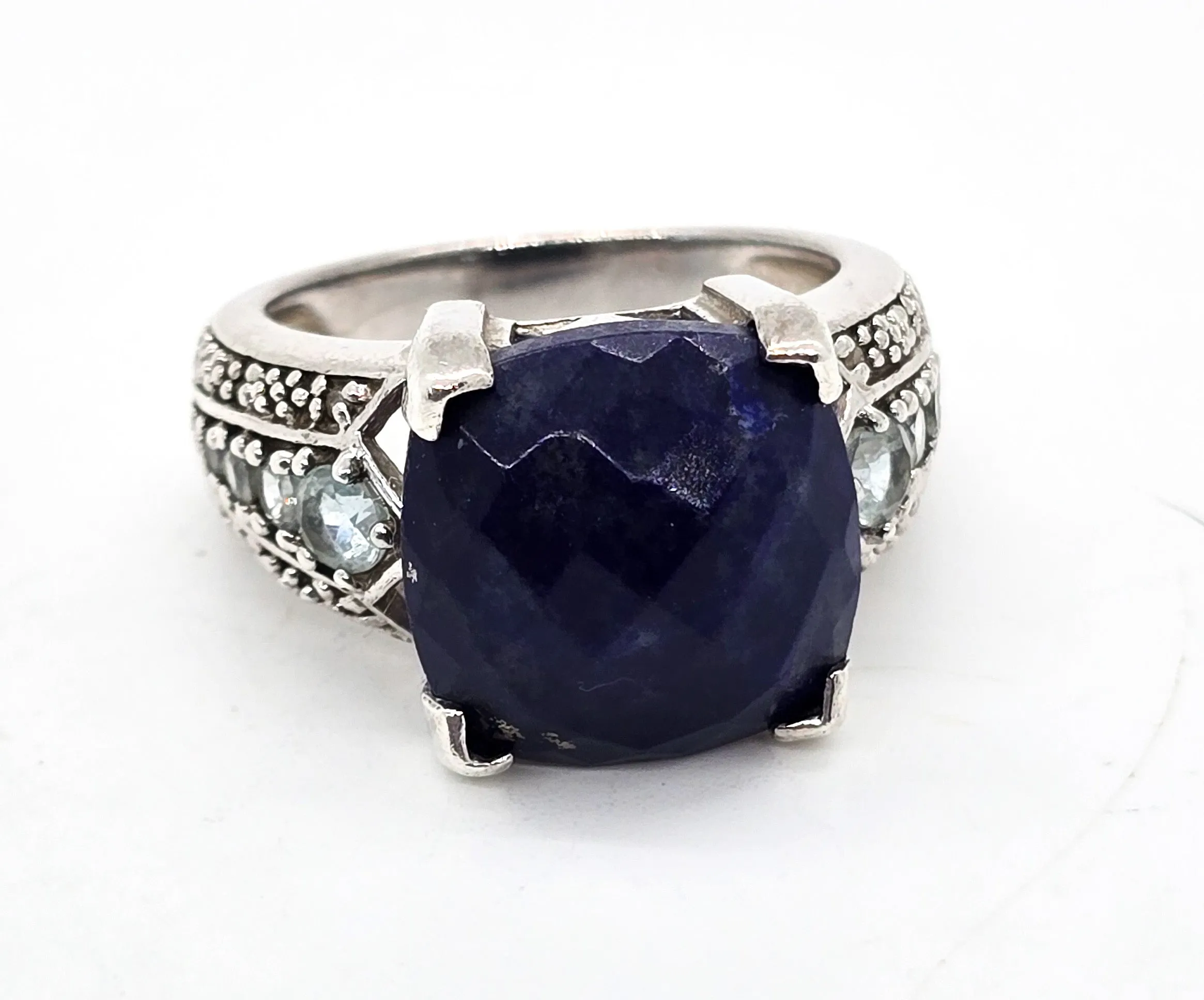 Fadi Faceted Lapis Lazuli and blue topaz large sterling silver statement ring size 8
