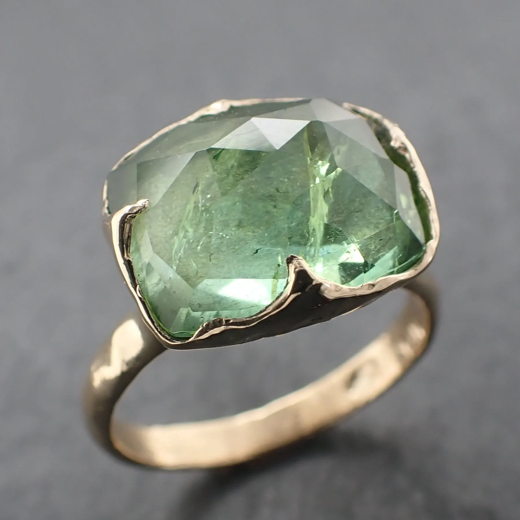 Fancy cut Green Tourmaline Yellow Gold Ring Gemstone Solitaire recycled 14k statement Engagement ring 3320