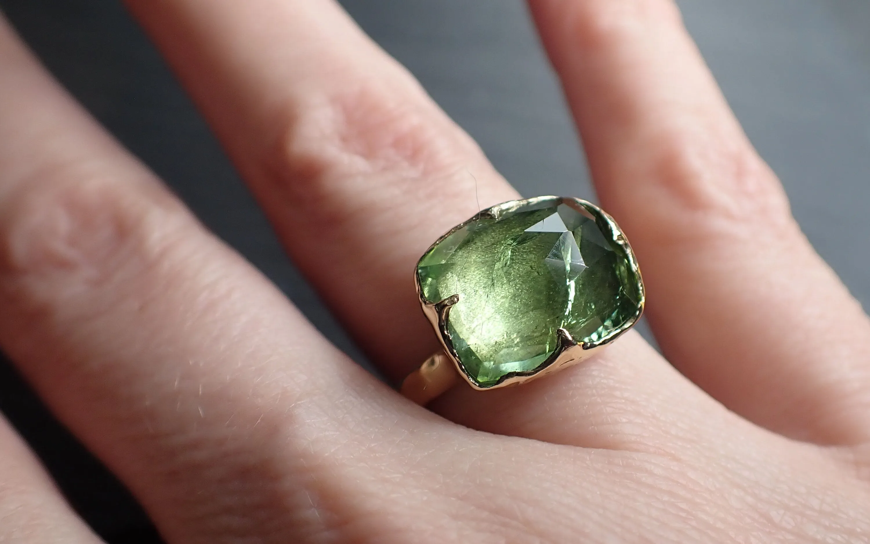 Fancy cut Green Tourmaline Yellow Gold Ring Gemstone Solitaire recycled 14k statement Engagement ring 3320