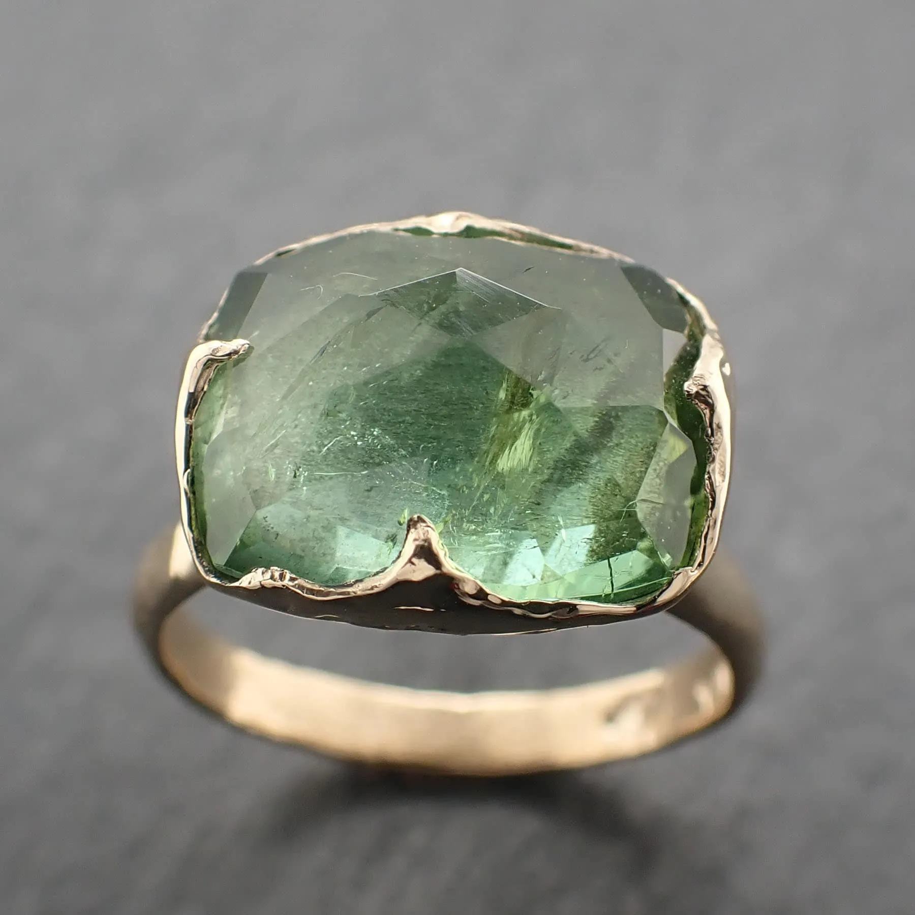 Fancy cut Green Tourmaline Yellow Gold Ring Gemstone Solitaire recycled 14k statement Engagement ring 3320