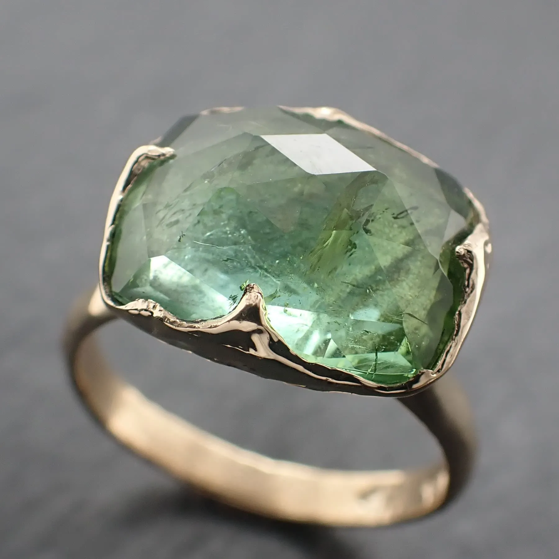 Fancy cut Green Tourmaline Yellow Gold Ring Gemstone Solitaire recycled 14k statement Engagement ring 3320