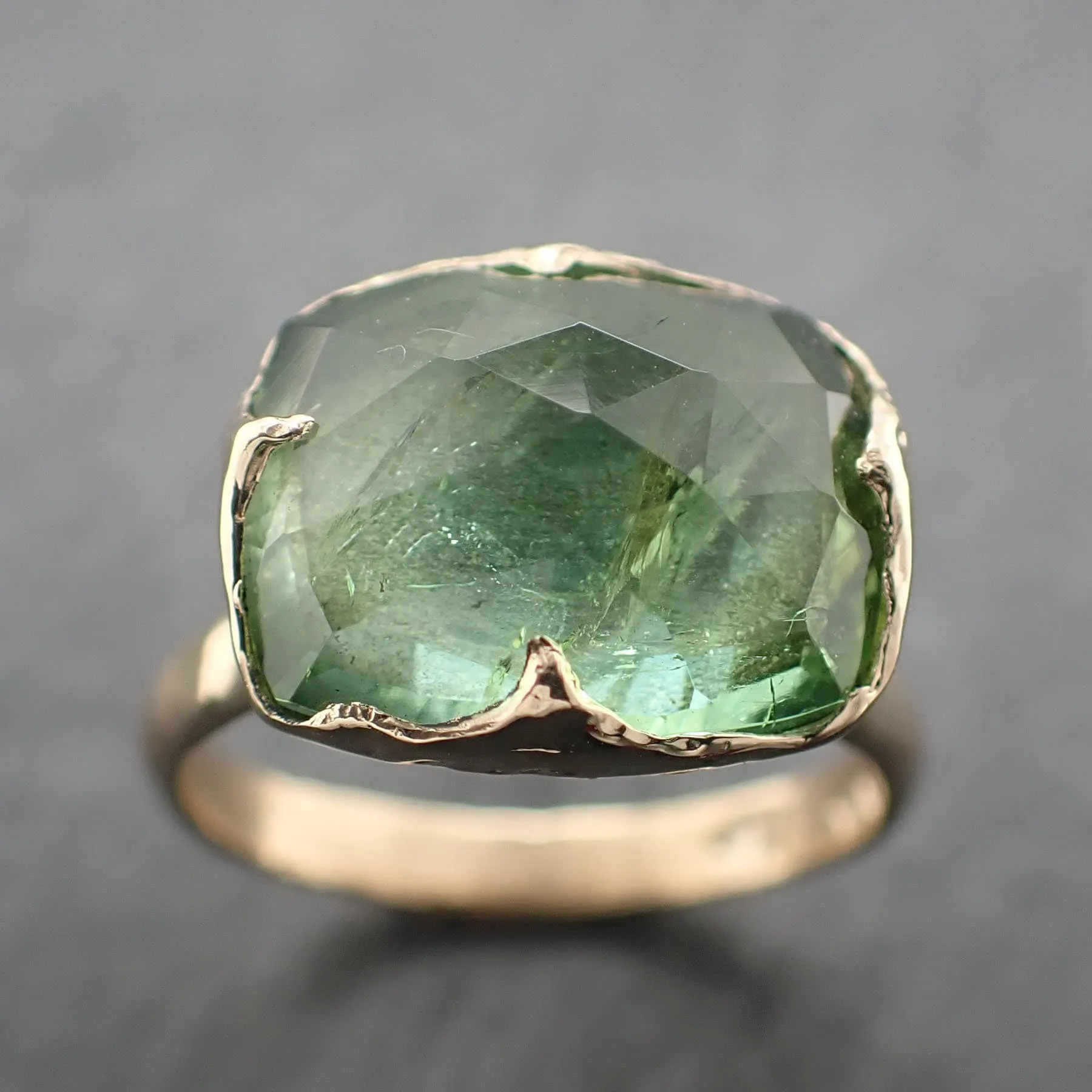 Fancy cut Green Tourmaline Yellow Gold Ring Gemstone Solitaire recycled 14k statement Engagement ring 3320