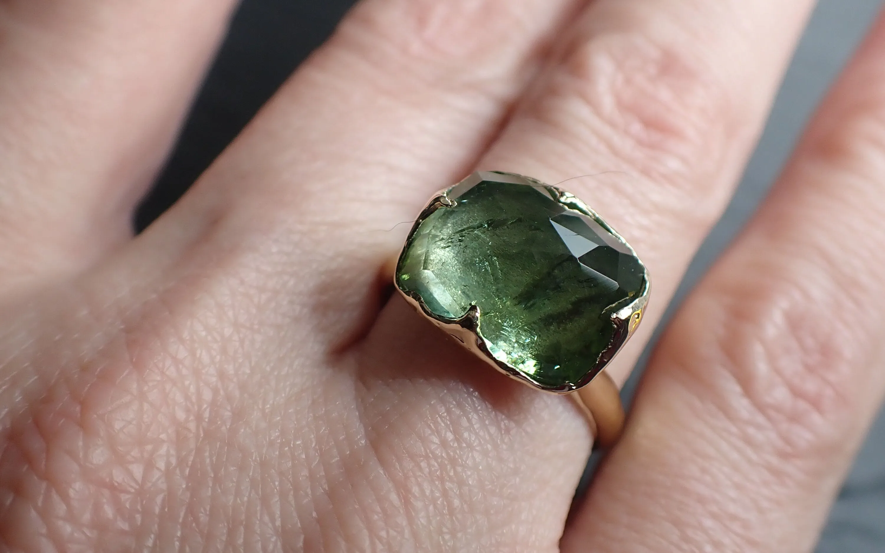Fancy cut Green Tourmaline Yellow Gold Ring Gemstone Solitaire recycled 14k statement Engagement ring 3320