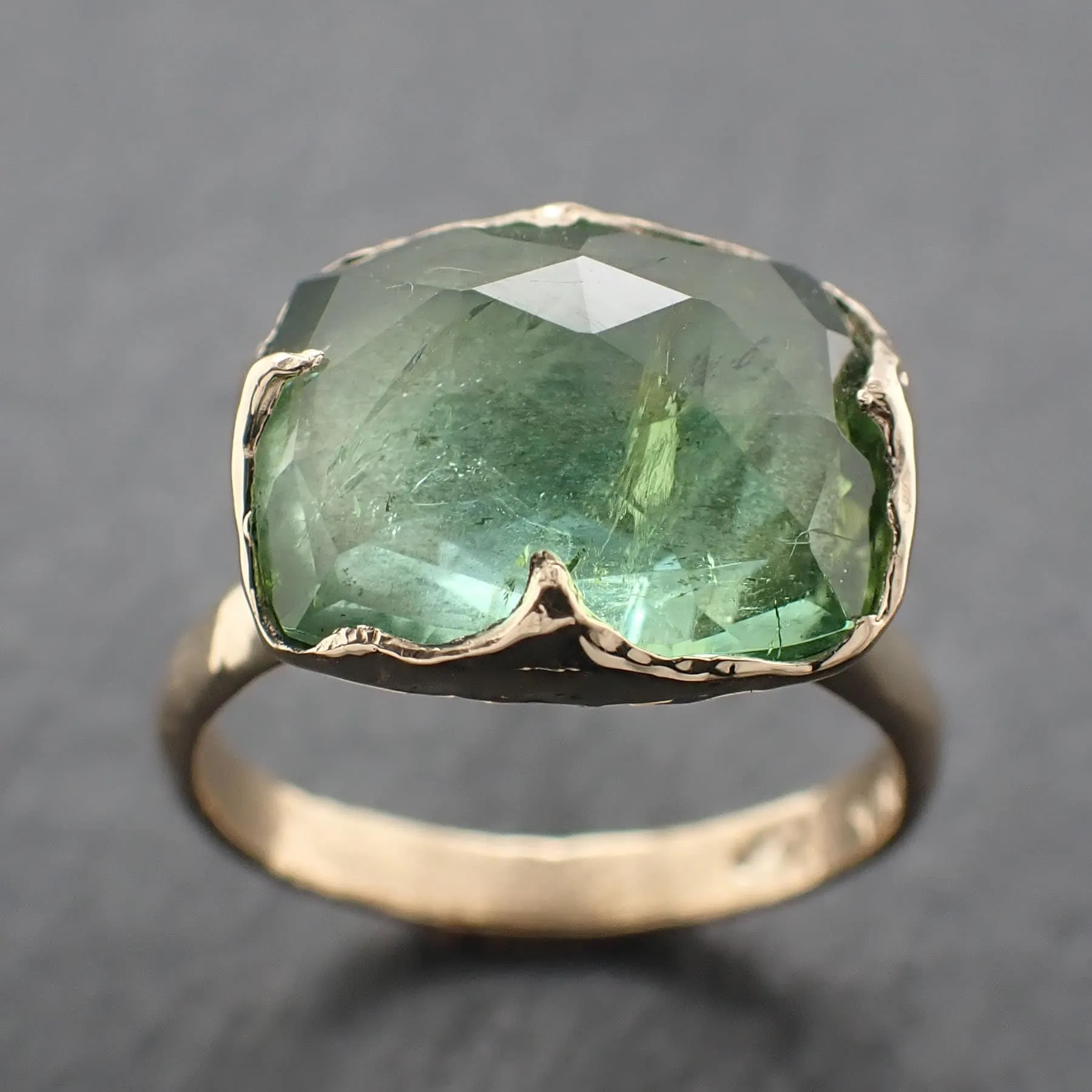 Fancy cut Green Tourmaline Yellow Gold Ring Gemstone Solitaire recycled 14k statement Engagement ring 3320