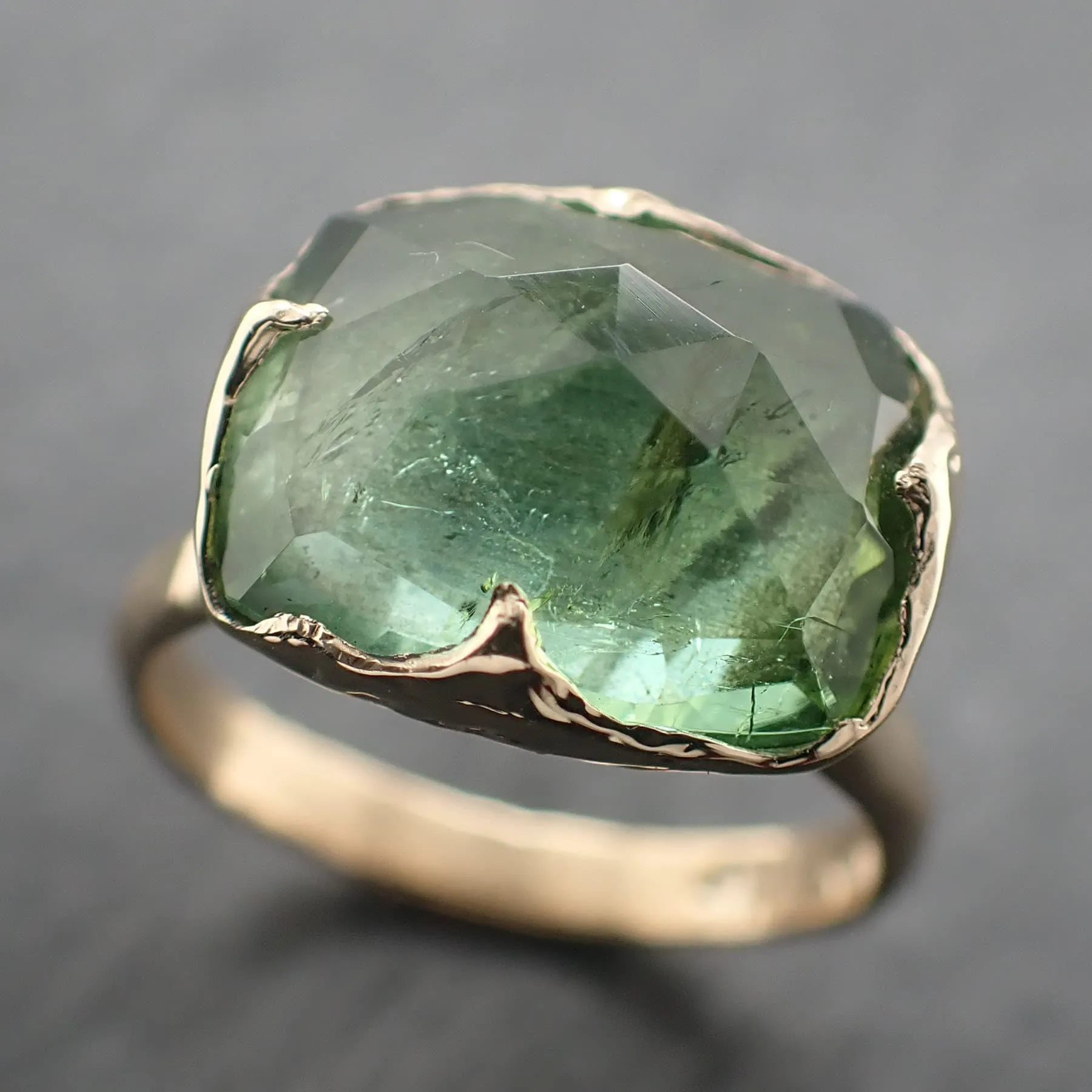 Fancy cut Green Tourmaline Yellow Gold Ring Gemstone Solitaire recycled 14k statement Engagement ring 3320