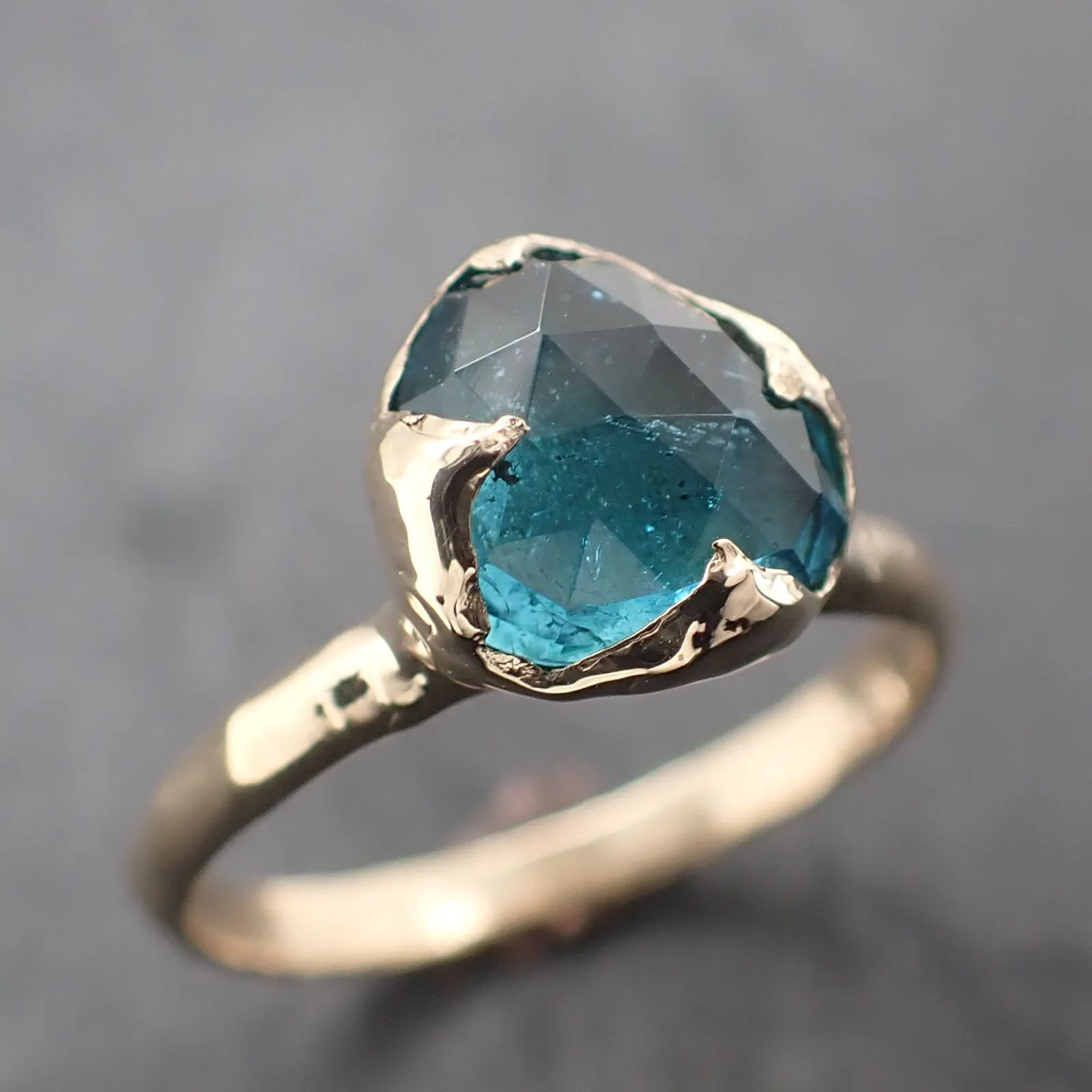 Fancy cut Indicolite Tourmaline Yellow Gold Ring Gemstone Solitaire recycled 14k statement ring 3319