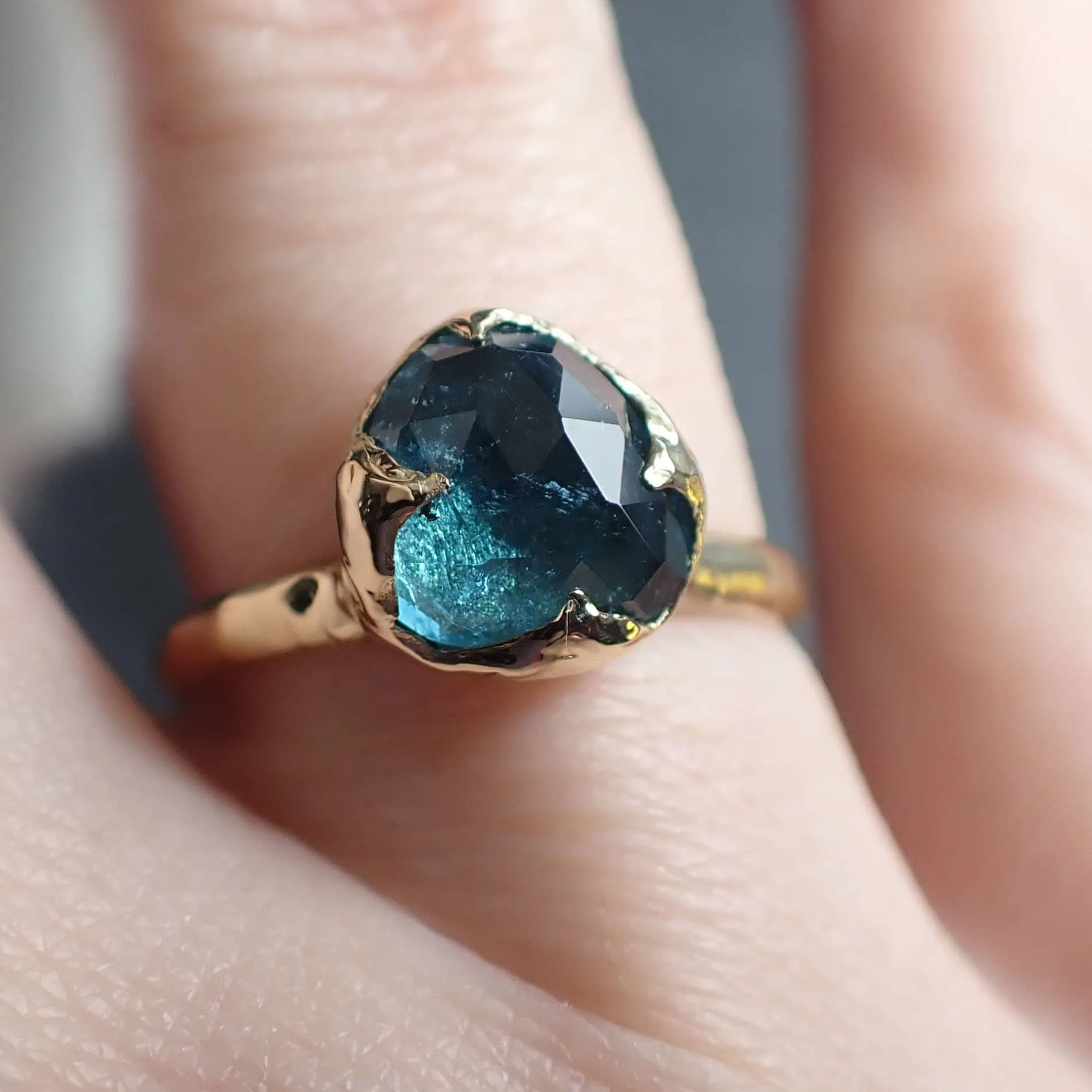 Fancy cut Indicolite Tourmaline Yellow Gold Ring Gemstone Solitaire recycled 14k statement ring 3319