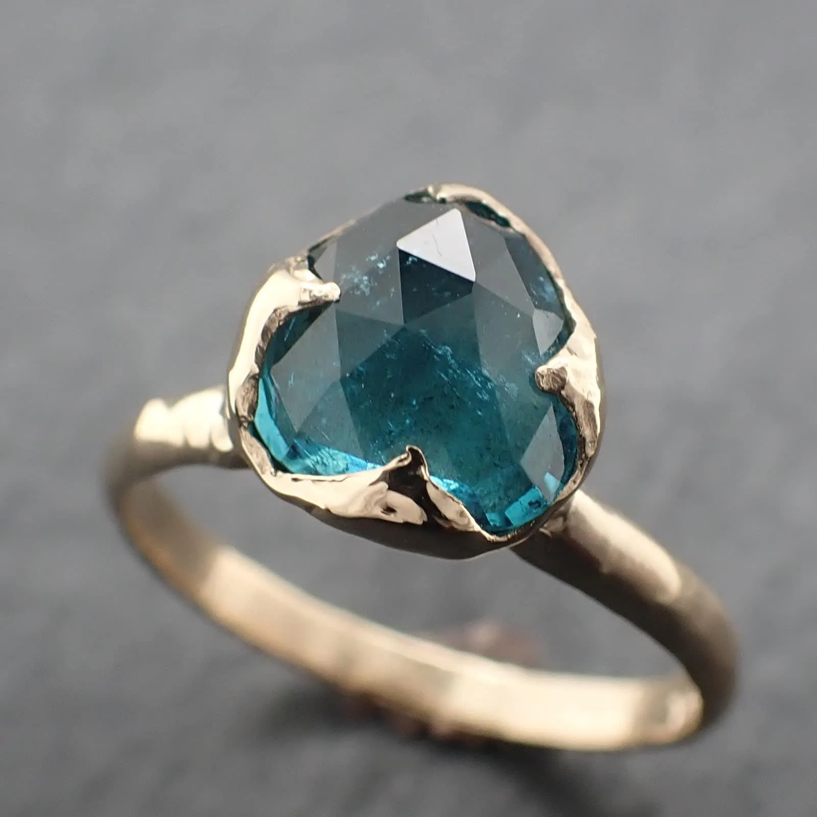 Fancy cut Indicolite Tourmaline Yellow Gold Ring Gemstone Solitaire recycled 14k statement ring 3319