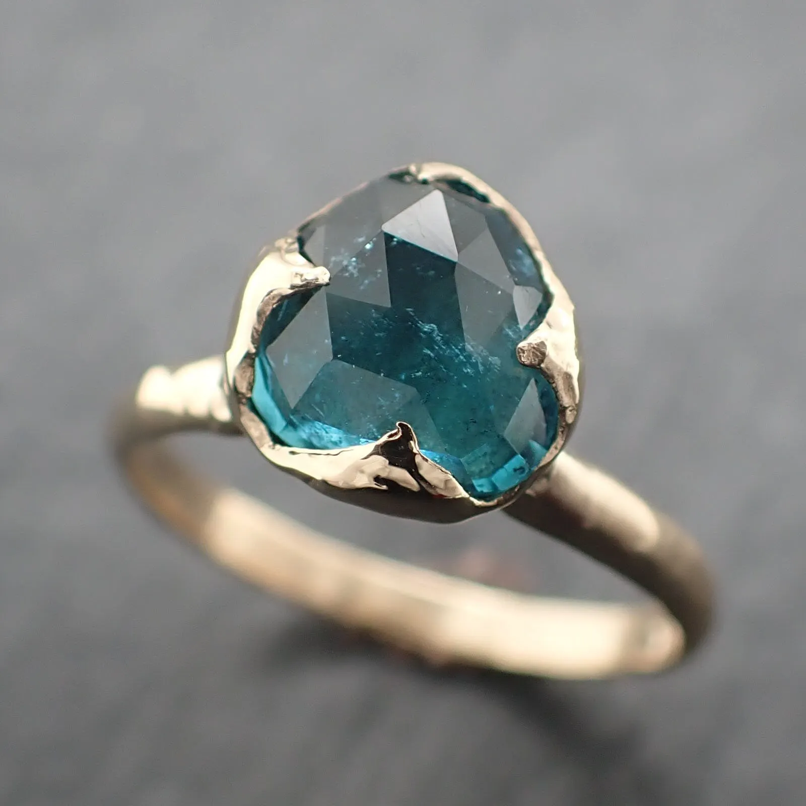 Fancy cut Indicolite Tourmaline Yellow Gold Ring Gemstone Solitaire recycled 14k statement ring 3319