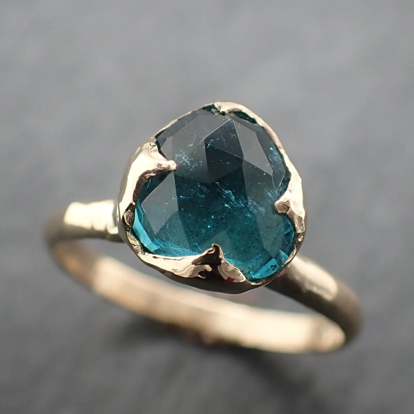 Fancy cut Indicolite Tourmaline Yellow Gold Ring Gemstone Solitaire recycled 14k statement ring 3319