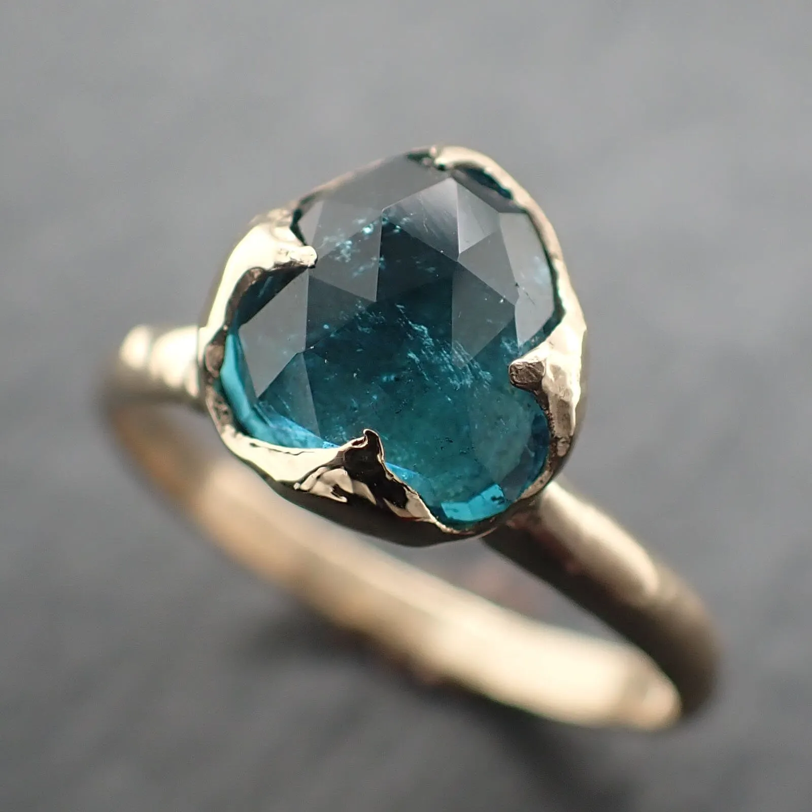 Fancy cut Indicolite Tourmaline Yellow Gold Ring Gemstone Solitaire recycled 14k statement ring 3319