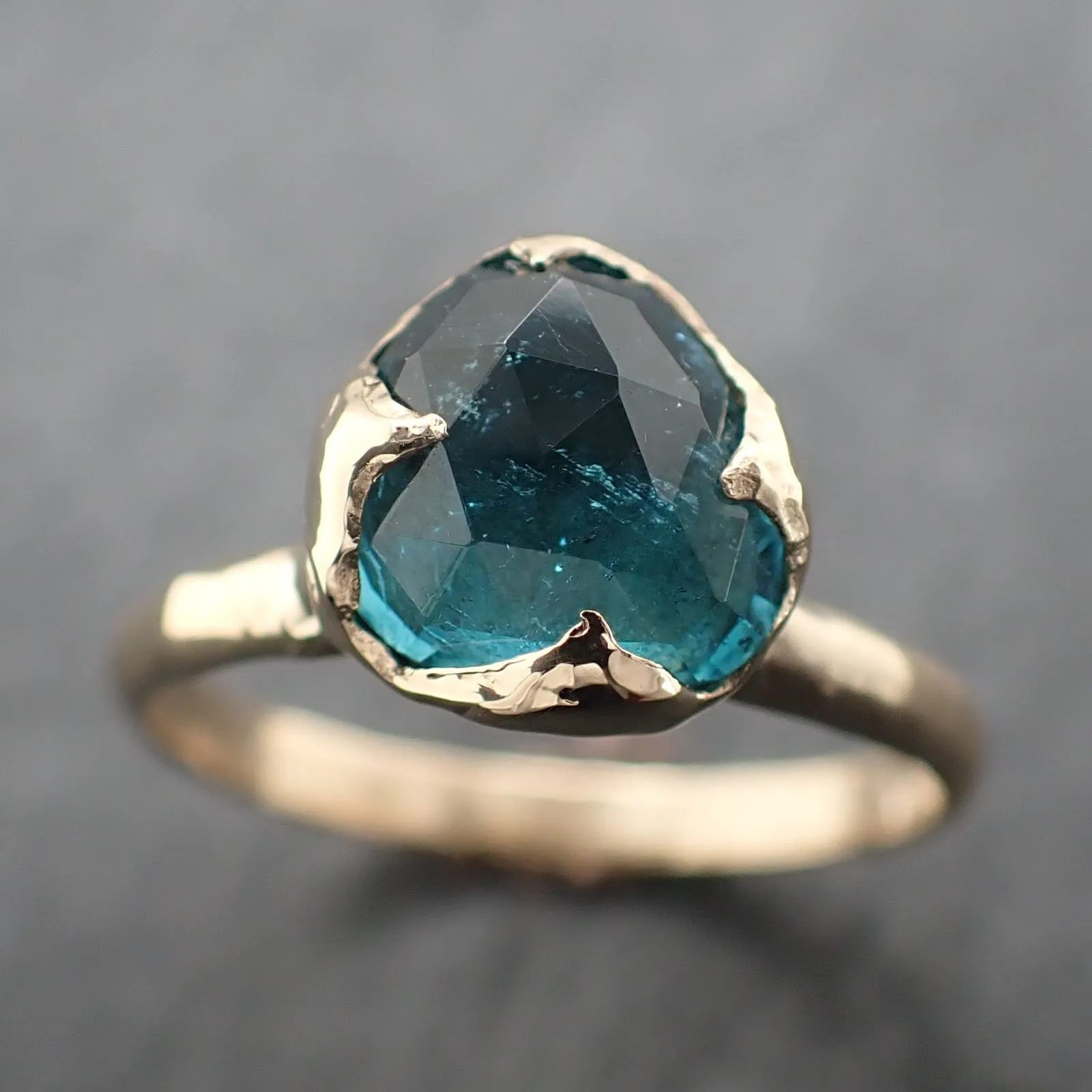 Fancy cut Indicolite Tourmaline Yellow Gold Ring Gemstone Solitaire recycled 14k statement ring 3319