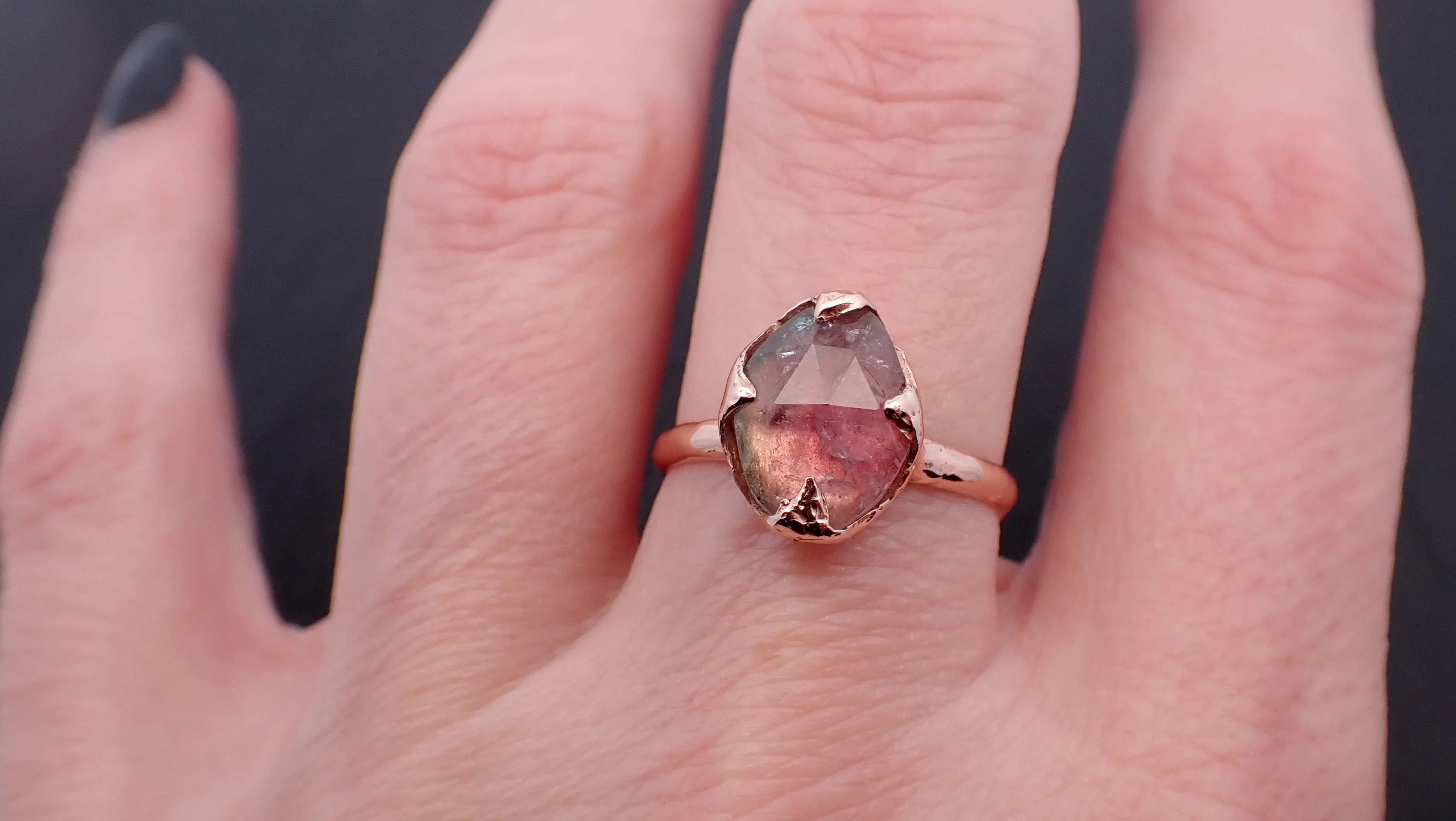 Fancy cut Pink Tourmaline Rose Gold Ring Gemstone Solitaire recycled 14k statement Engagement ring 1262