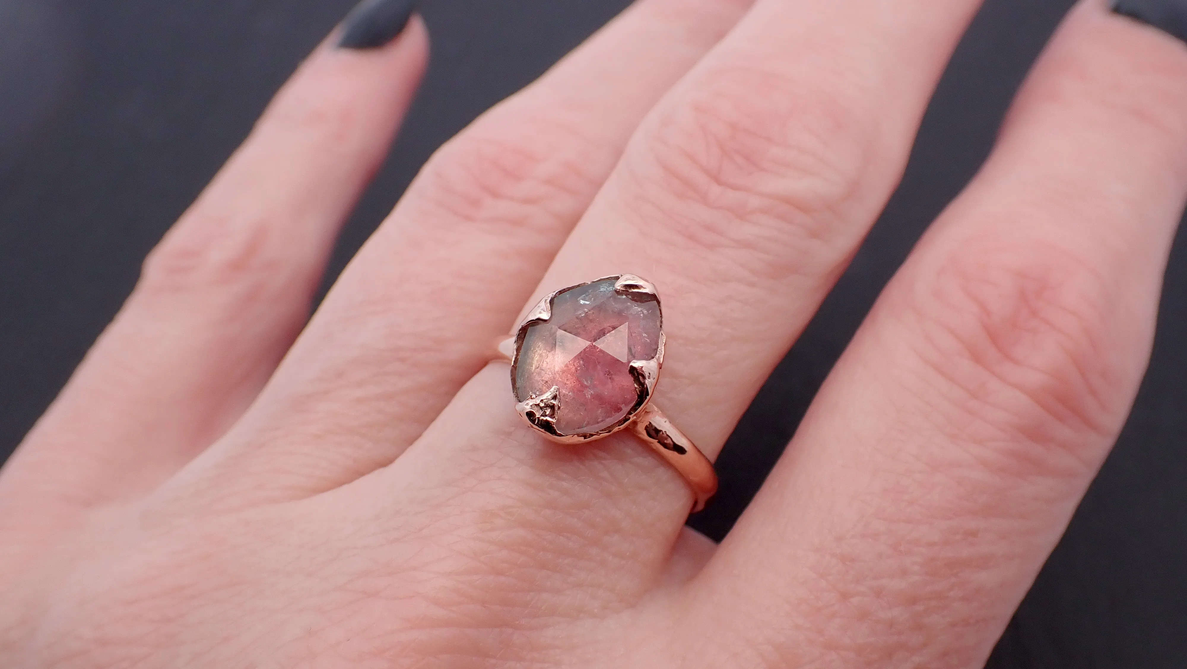 Fancy cut Pink Tourmaline Rose Gold Ring Gemstone Solitaire recycled 14k statement Engagement ring 1262