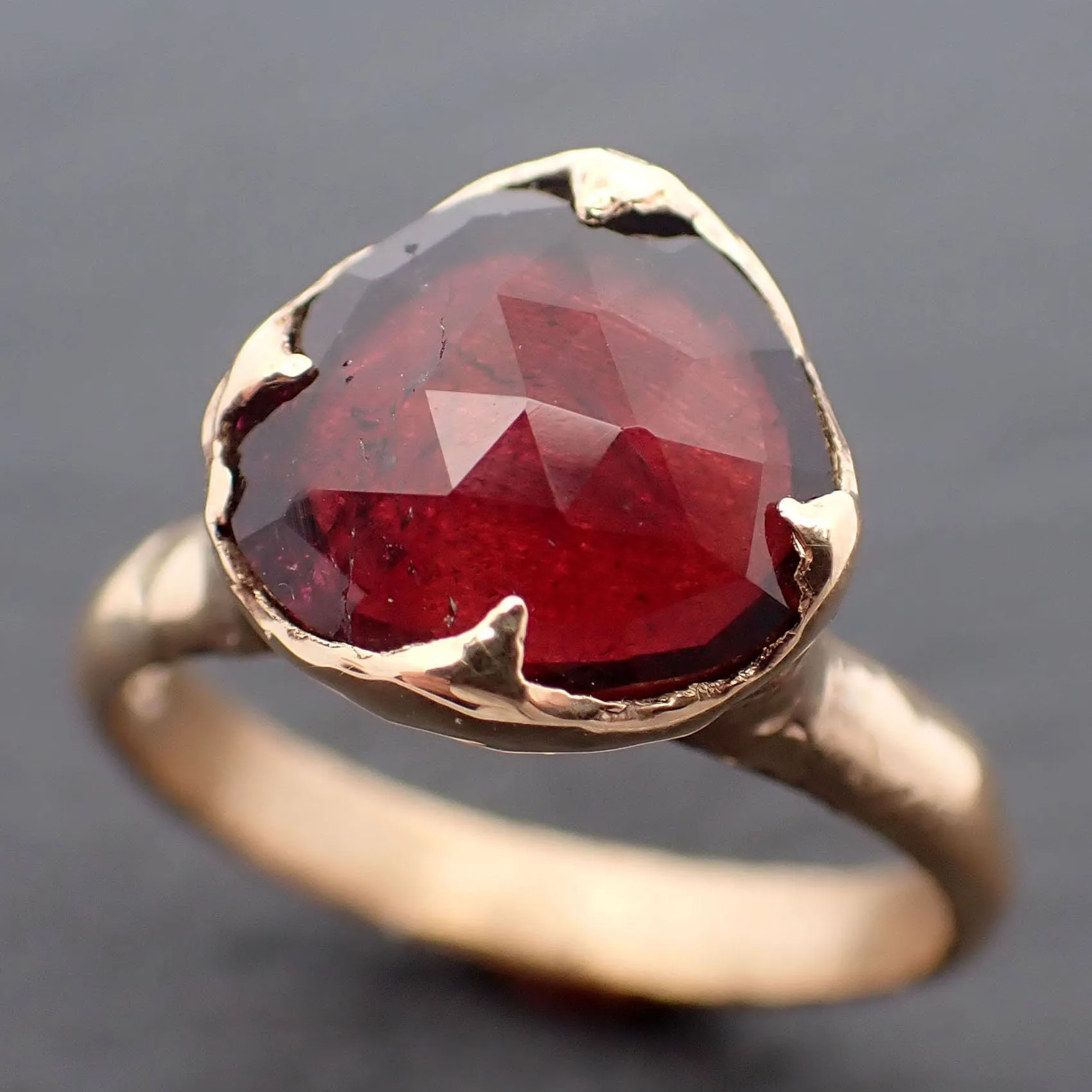Fancy cut red Tourmaline Yellow Gold Ring Gemstone Solitaire recycled 18k statement cocktail statement 3276