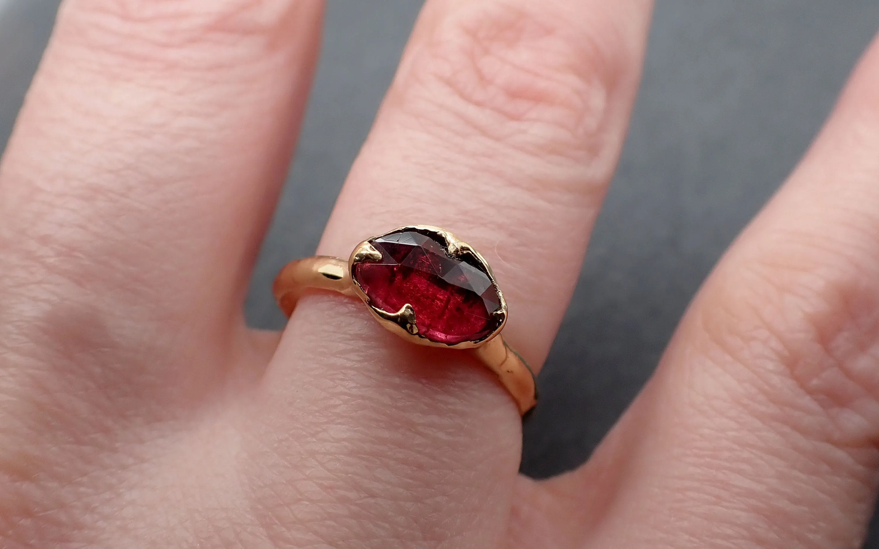 Fancy cut red Tourmaline Yellow Gold Ring Gemstone Solitaire recycled 18k statement cocktail statement 3326