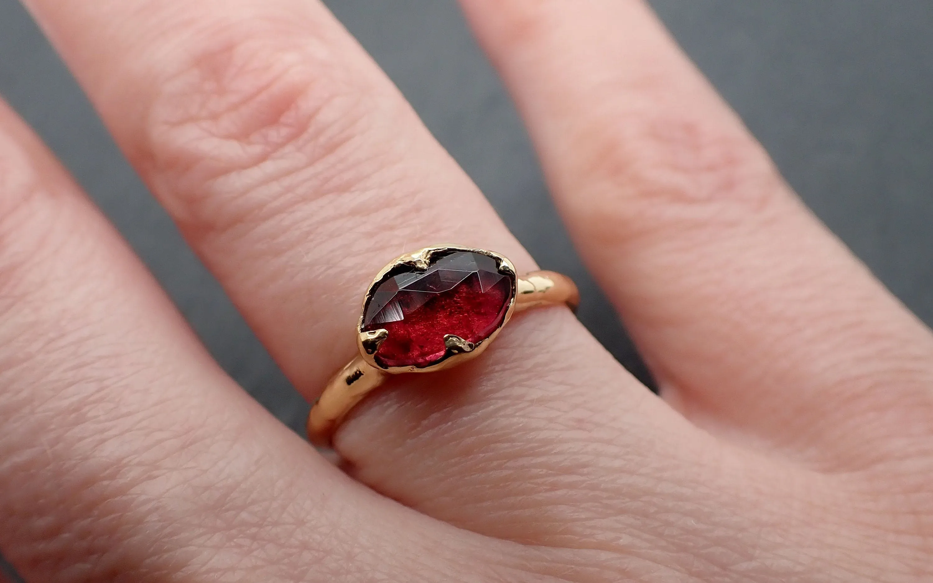 Fancy cut red Tourmaline Yellow Gold Ring Gemstone Solitaire recycled 18k statement cocktail statement 3326