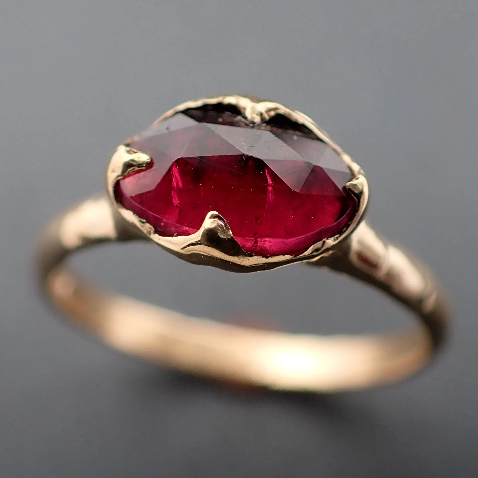 Fancy cut red Tourmaline Yellow Gold Ring Gemstone Solitaire recycled 18k statement cocktail statement 3326