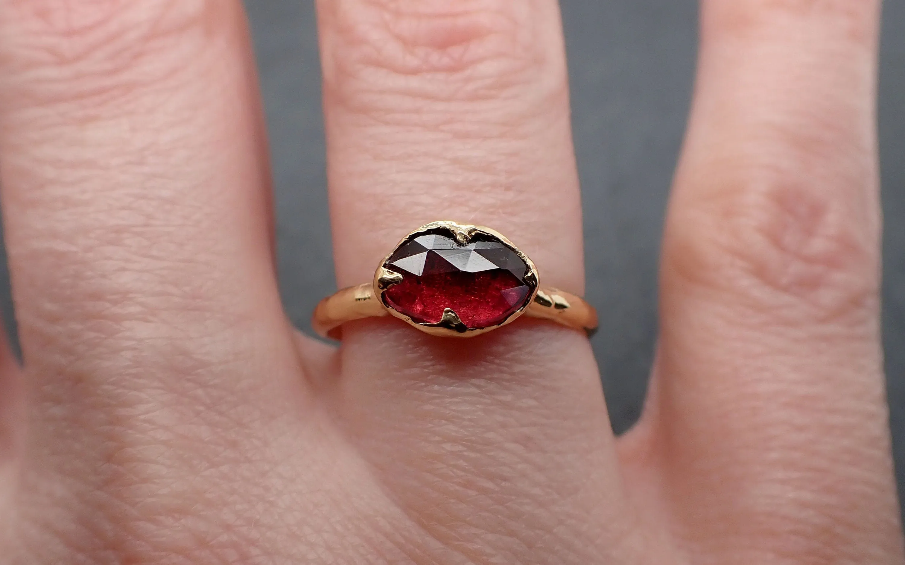 Fancy cut red Tourmaline Yellow Gold Ring Gemstone Solitaire recycled 18k statement cocktail statement 3326