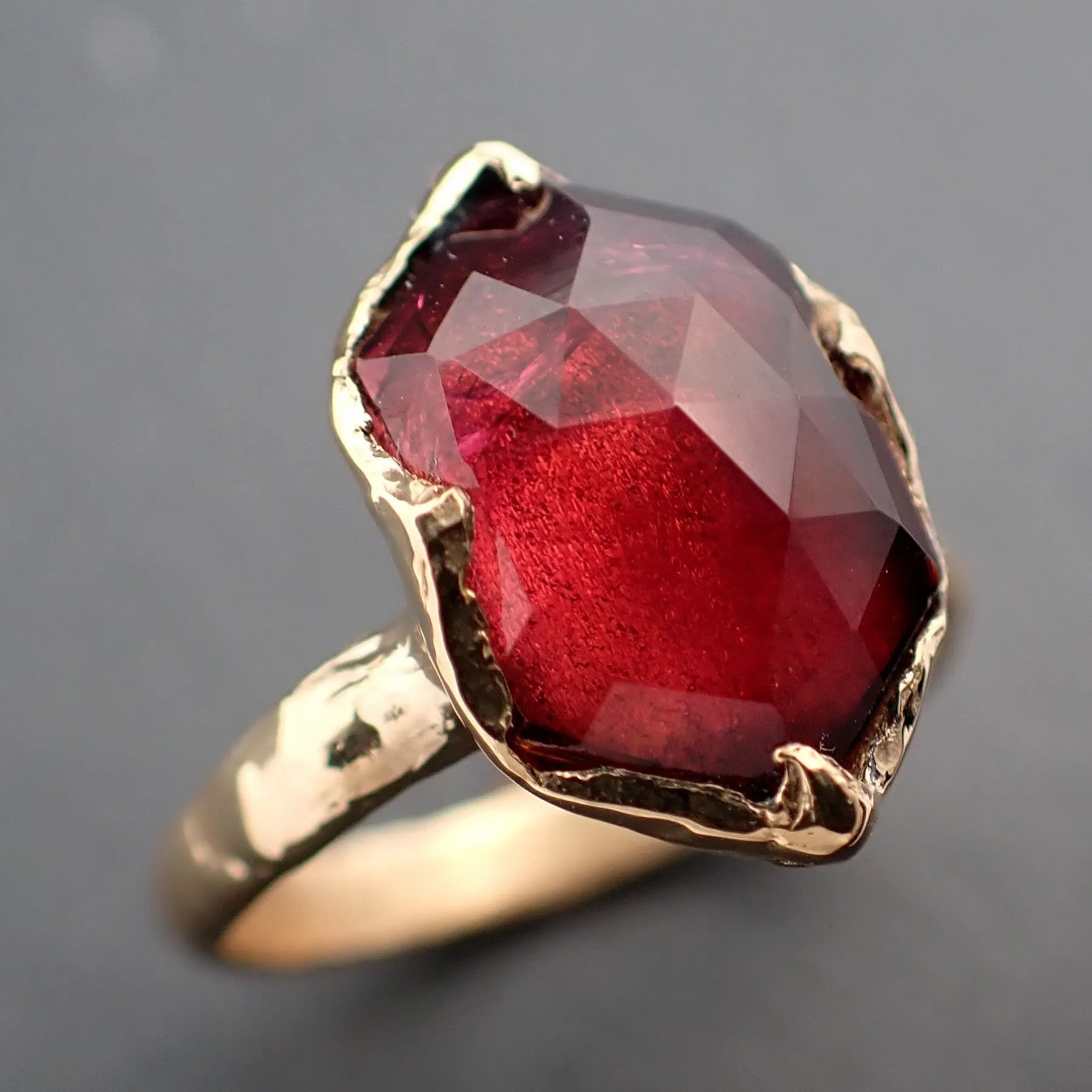 Fancy cut red Tourmaline Yellow Gold Ring Gemstone Solitaire recycled 18k statement cocktail statement 3327