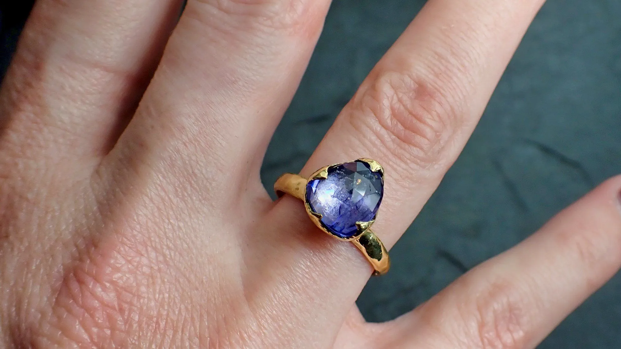 Fancy cut Tanzanite Crystal Solitaire 18k recycled yellow Gold Ring Tanzanite stacking cocktail statement byAngeline 2185