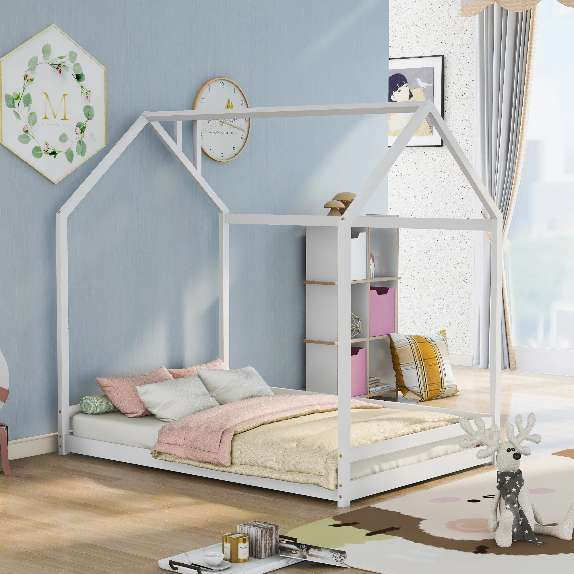 Full Size House Bed Wood Bed, Natural