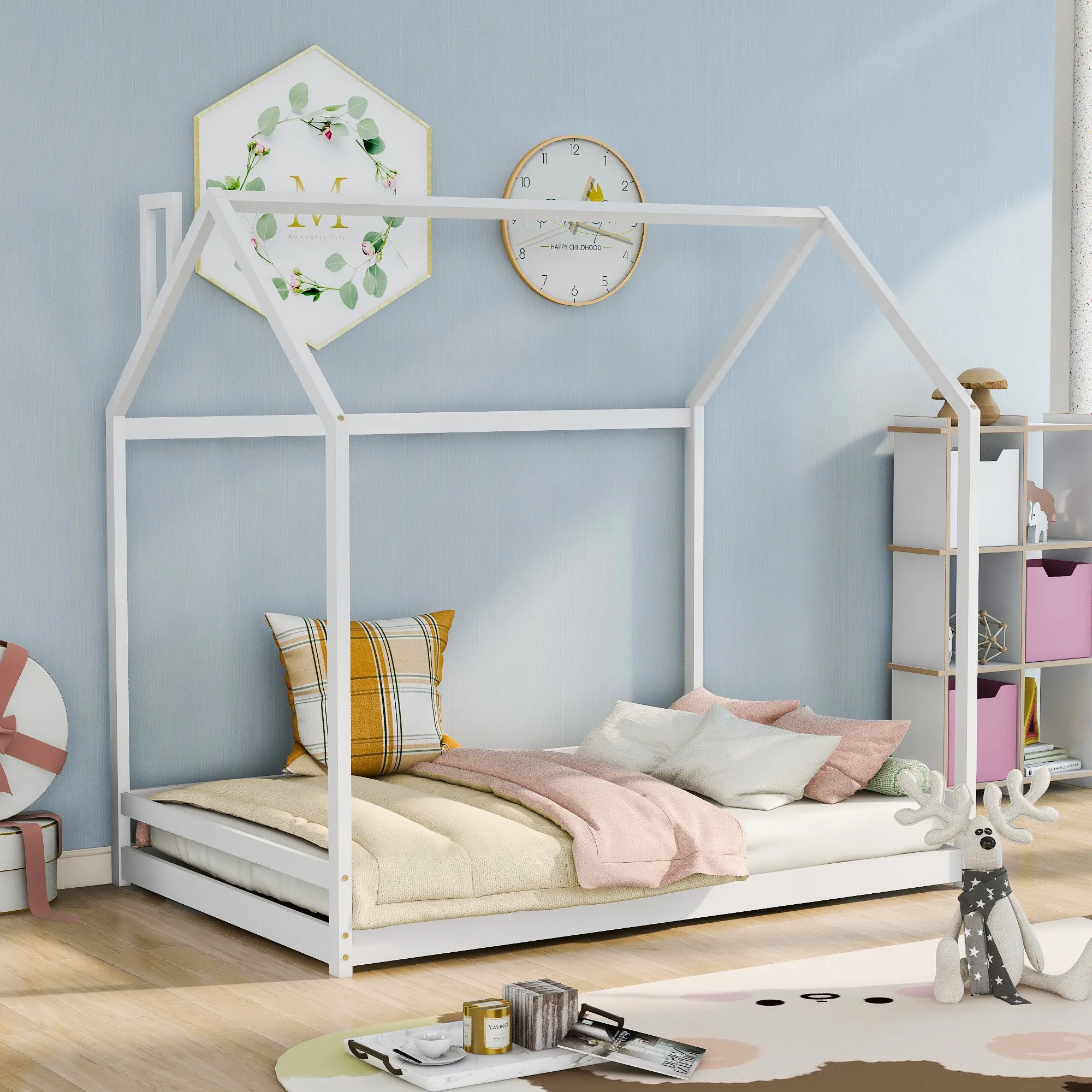 Full Size House Bed Wood Bed, Natural