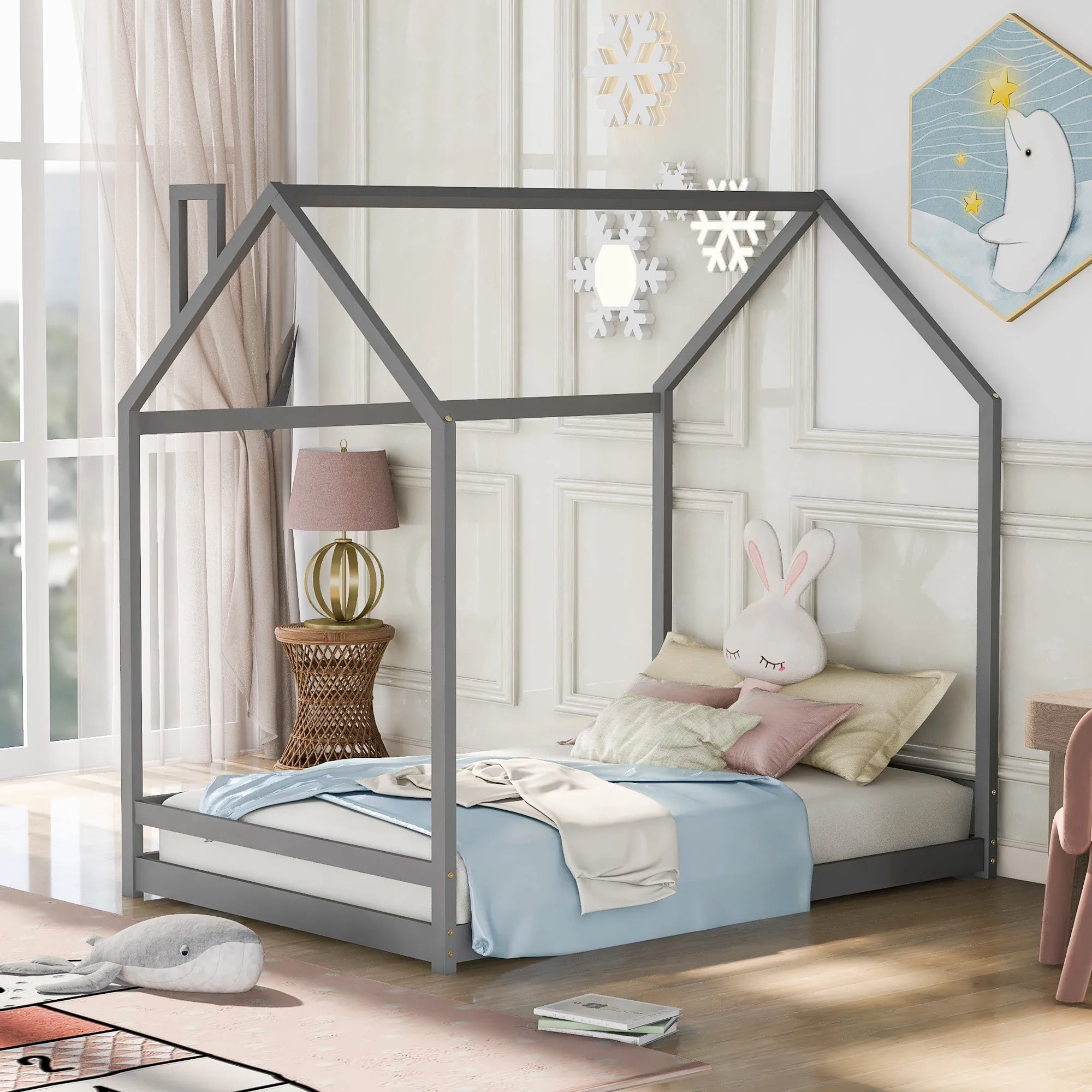 Full Size House Bed Wood Bed, Natural