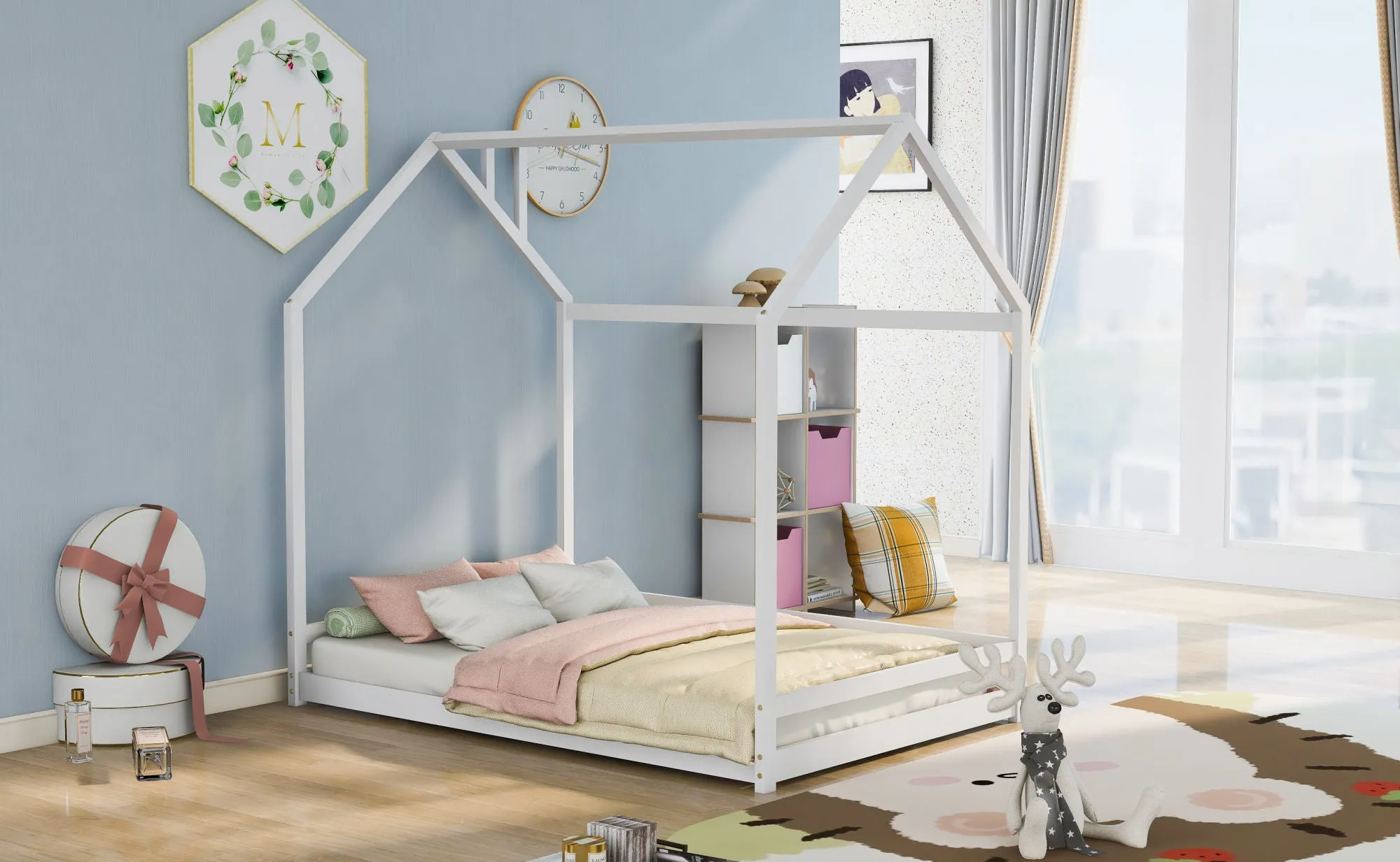 Full Size House Bed Wood Bed, Natural