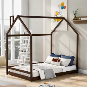 Full Size House Bed Wood Bed, Natural