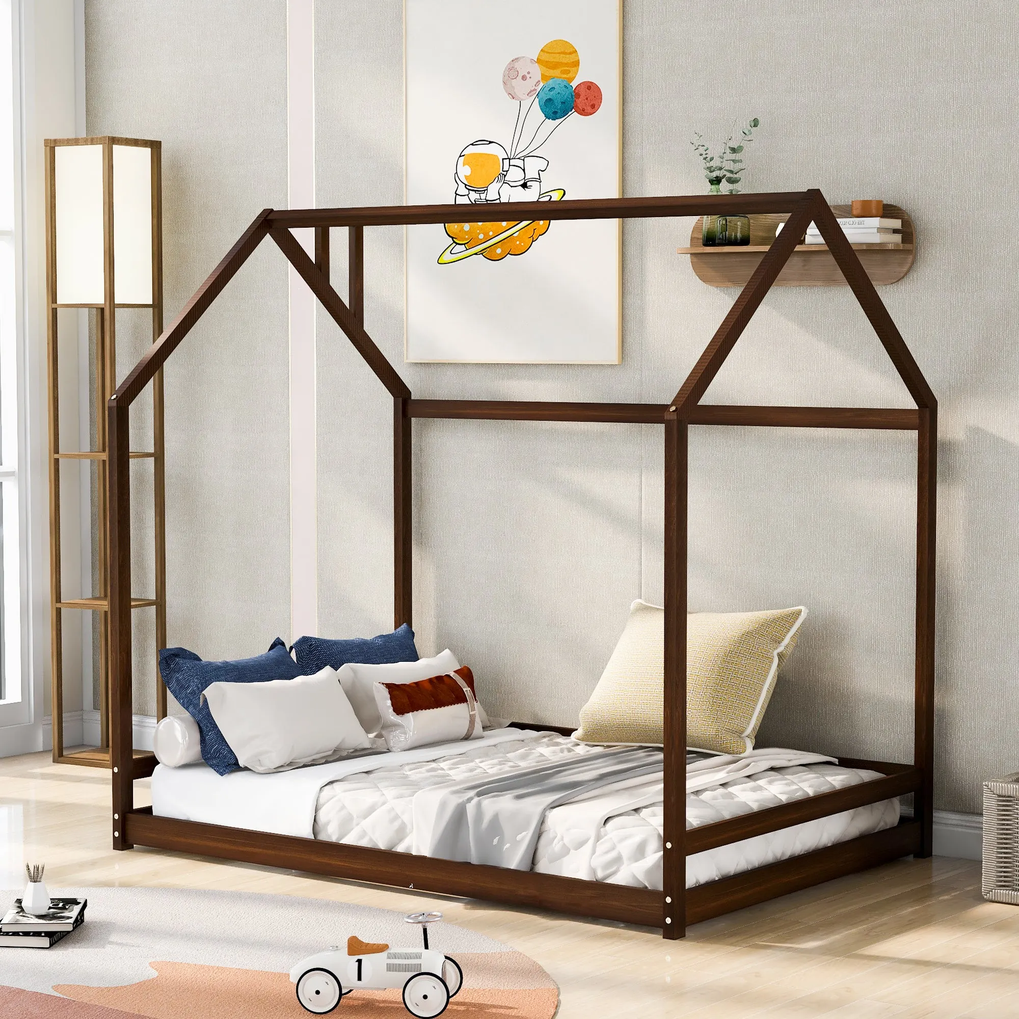 Full Size House Bed Wood Bed, Natural