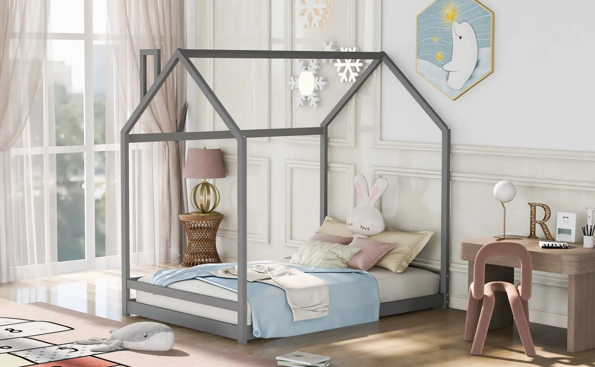 Full Size House Bed Wood Bed, Natural