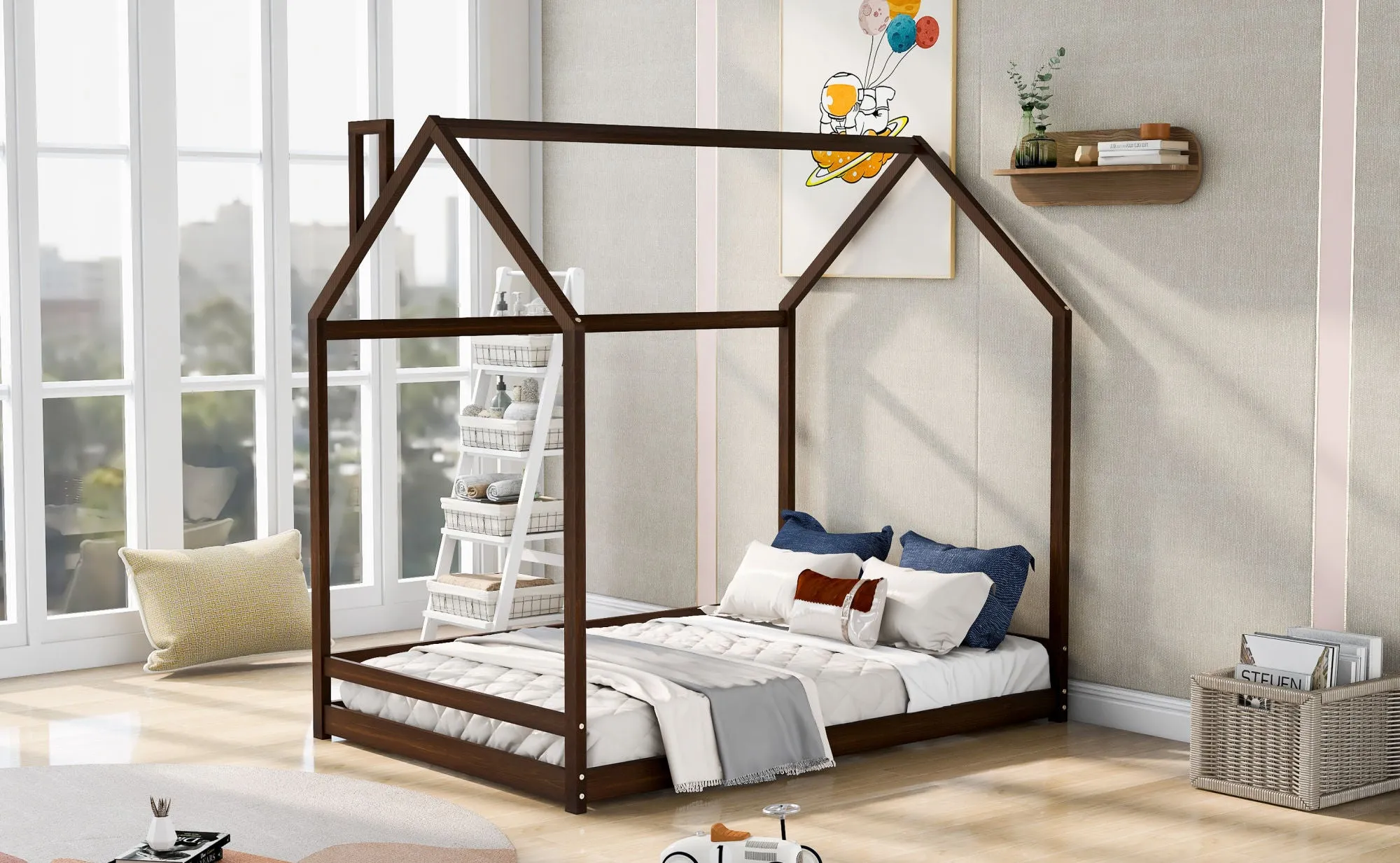 Full Size House Bed Wood Bed, Natural