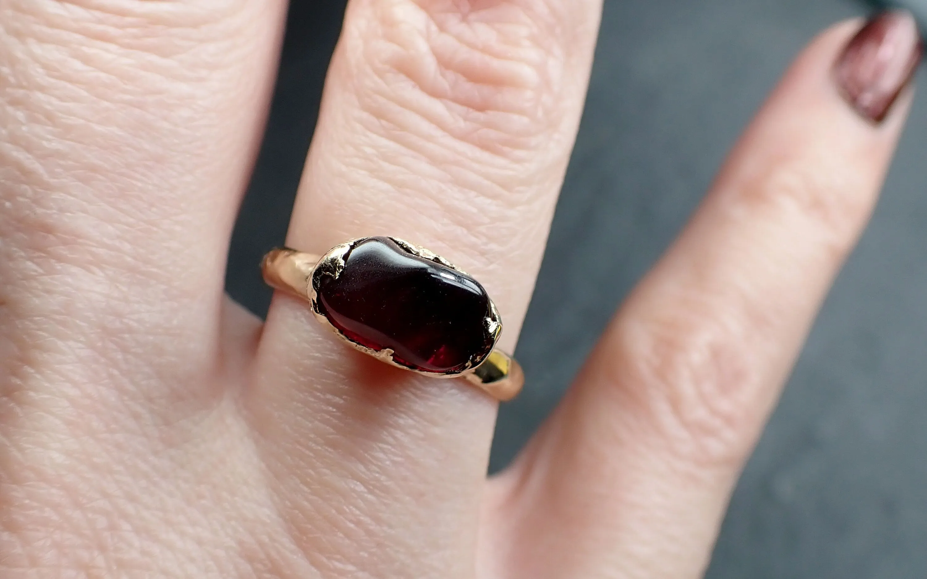 garnet tumbled red wine 14k yellow gold solitaire gemstone ring 3264 Alternative Engagement
