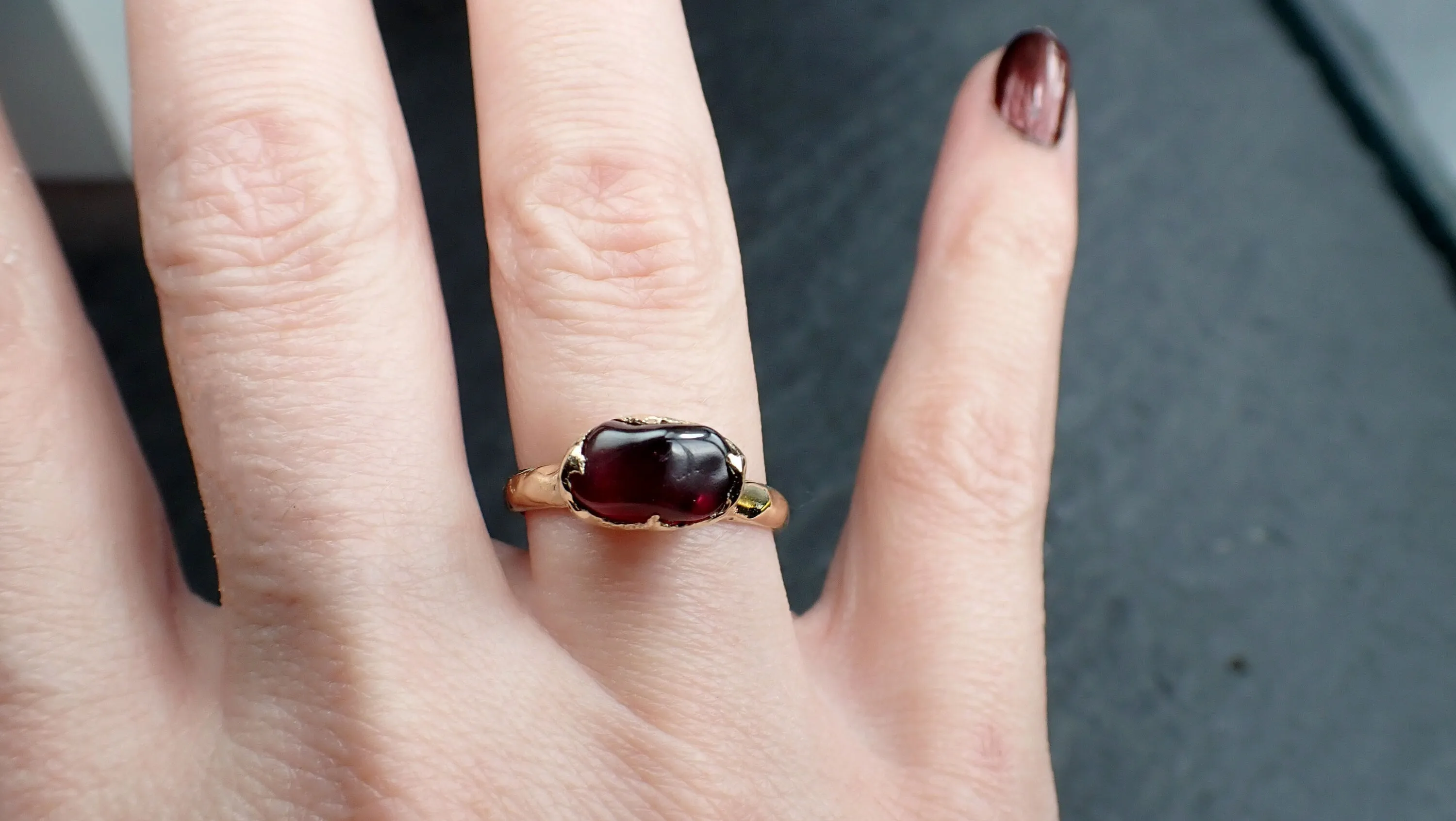 garnet tumbled red wine 14k yellow gold solitaire gemstone ring 3264 Alternative Engagement
