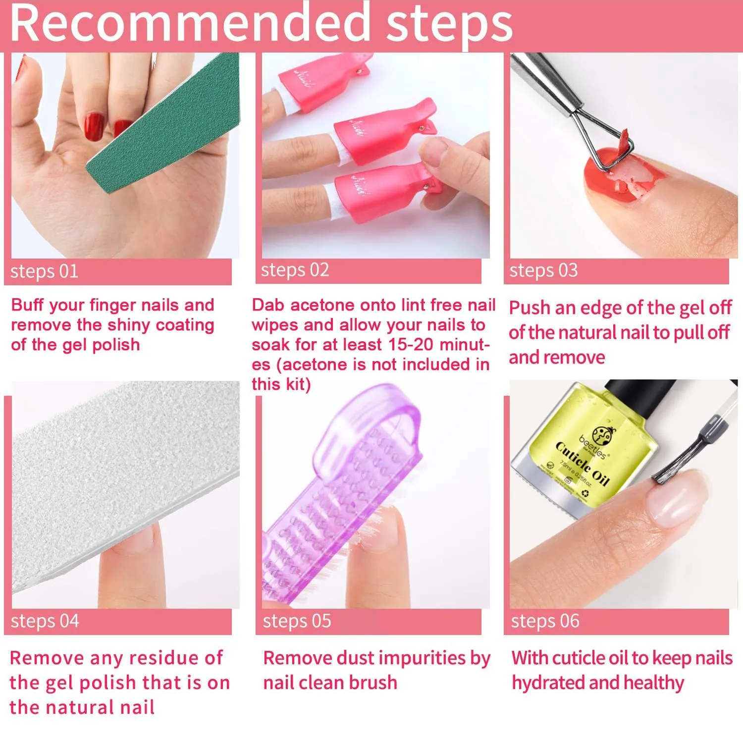 Gel Polish Remover Kit: 450 Lint Free Nail Wipes, 10 Remover Clips, Cuticle Oil, Pusher, Nail File