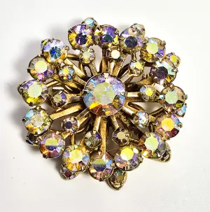 Golden Rainbow Aurora Borealis stacked mid century vintage rhinestone scatter brooch