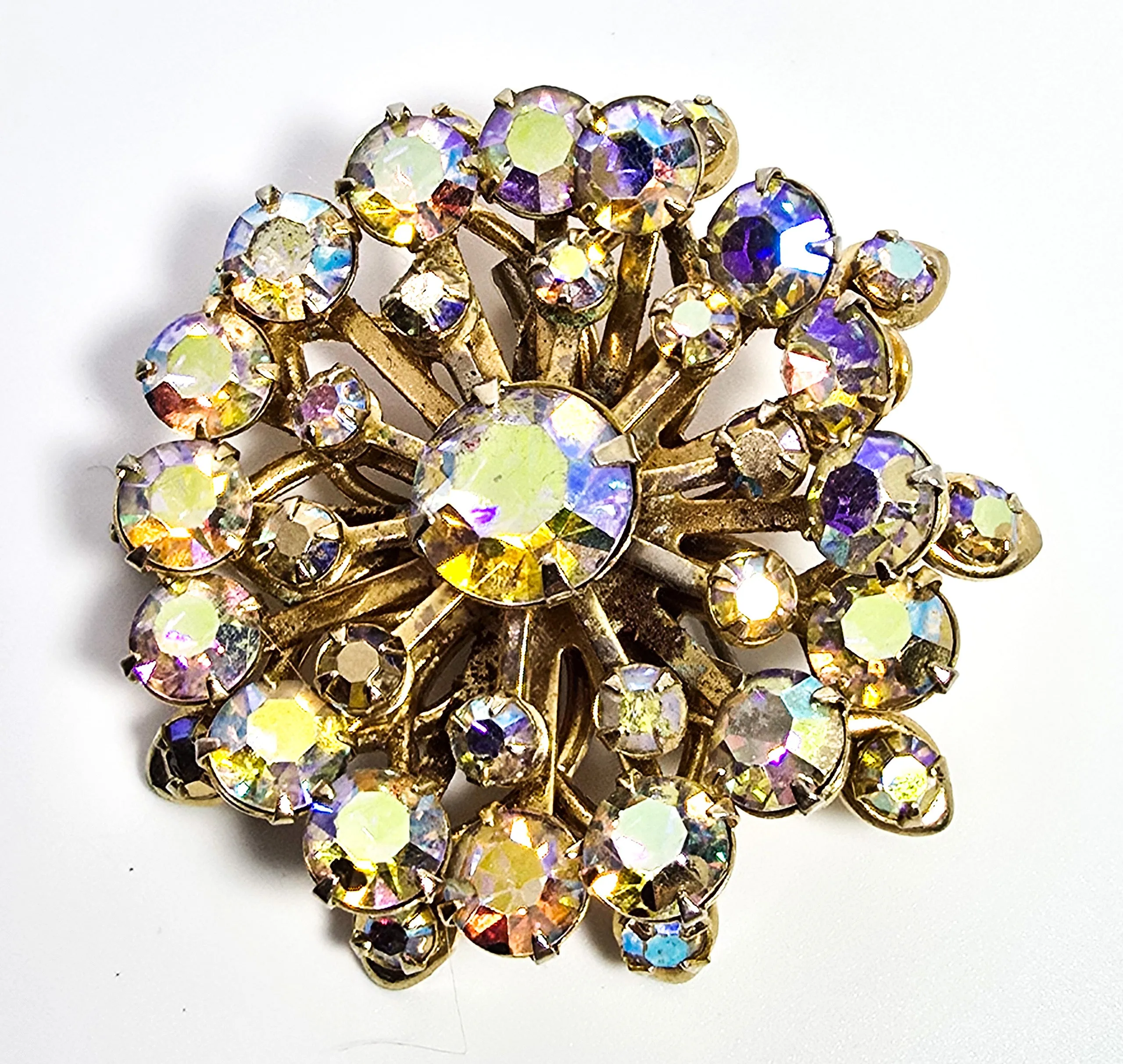 Golden Rainbow Aurora Borealis stacked mid century vintage rhinestone scatter brooch