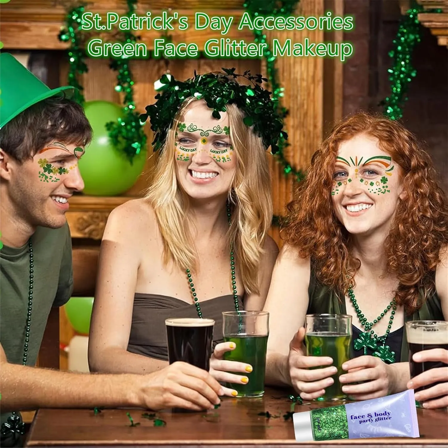 Green Face Body Glitter,St Patricks Day Face Glitter Makeup,Green Face Paint Holographic Chunky Sequins Glitters for Eye Lip Hair Nails,Festival Rave Accessories,52G